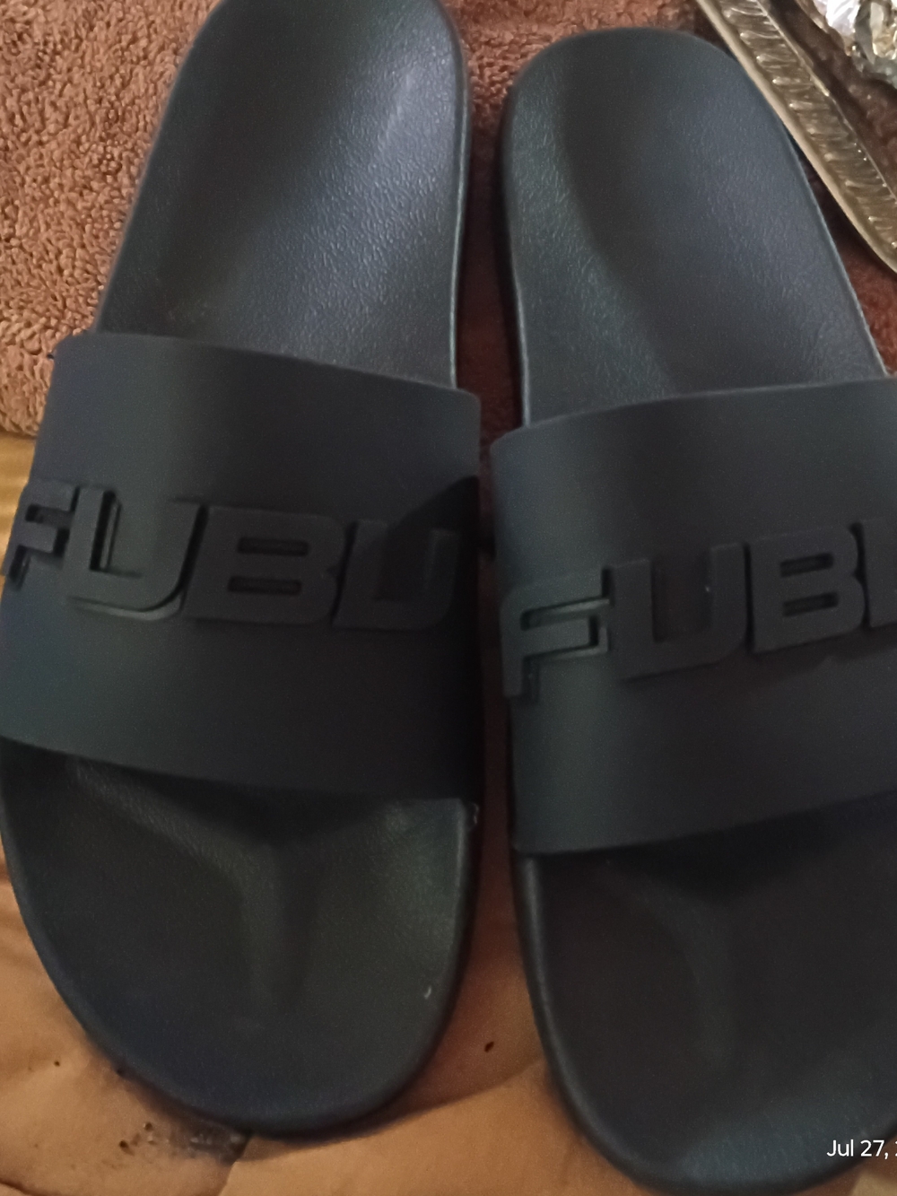 Black Fubu Slide Sandals with Raised Logo